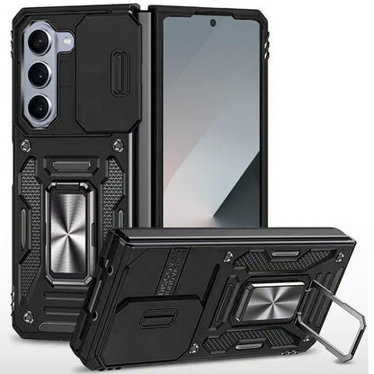 Phone Case for Samsung Galaxy Z Fold 7 Tough Metal Ring Shockproof Sliding Camera Window Hybrid Armor Rugged Anti Slip Heavy Duty Grip Cover Black