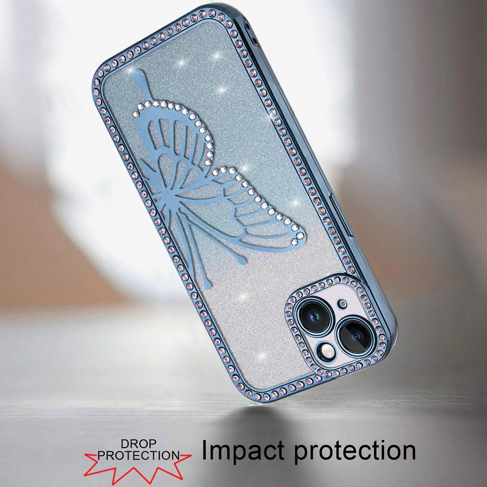 For Apple iPhone 15 Butterfly Glitter Diamond Shimmer Hybrid Slim & Stylish Electroplated Sparkly Bling Shockproof TPU Protective Case Cover