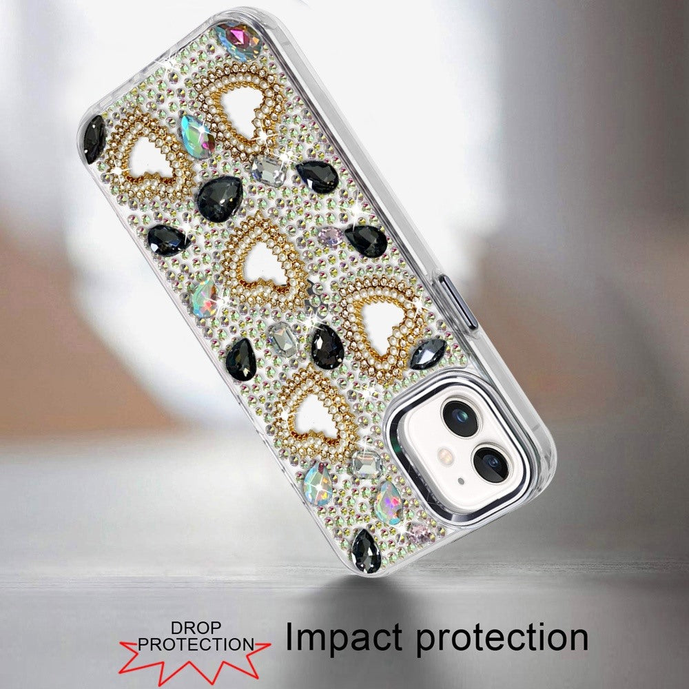 Phone Case for Apple iPhone 12 /12 Pro Luxury Crystal Heart Rhinestone Diamond Bling Shockproof Hybrid Glitter Protective Stylish Durable Grip Cover