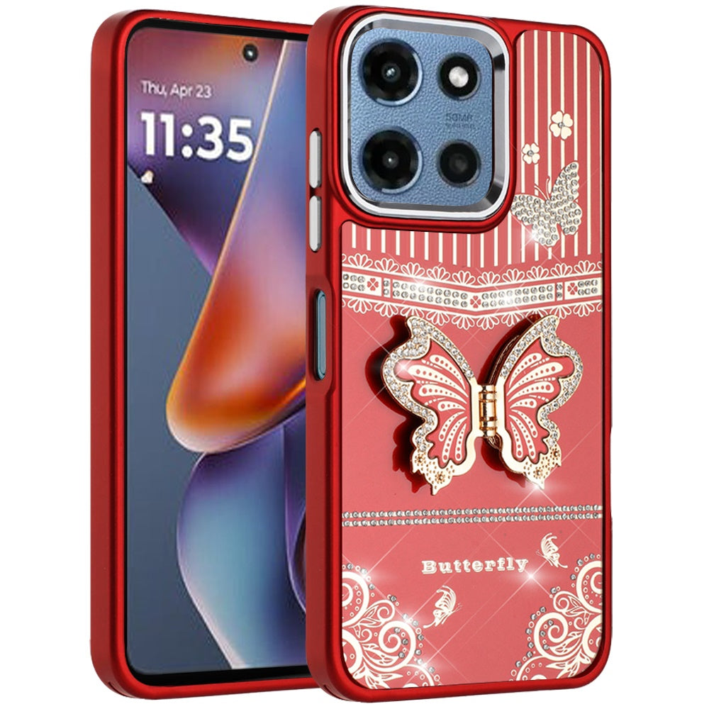 Phone Case for Motorola Moto G Play 5G 2026/ 5G 2025/ 5G2026 Glitter Bling Butterfly Stand Metallic Edge Hybrid Shockproof Grip Durable Camera Protection Stylish Design Cover