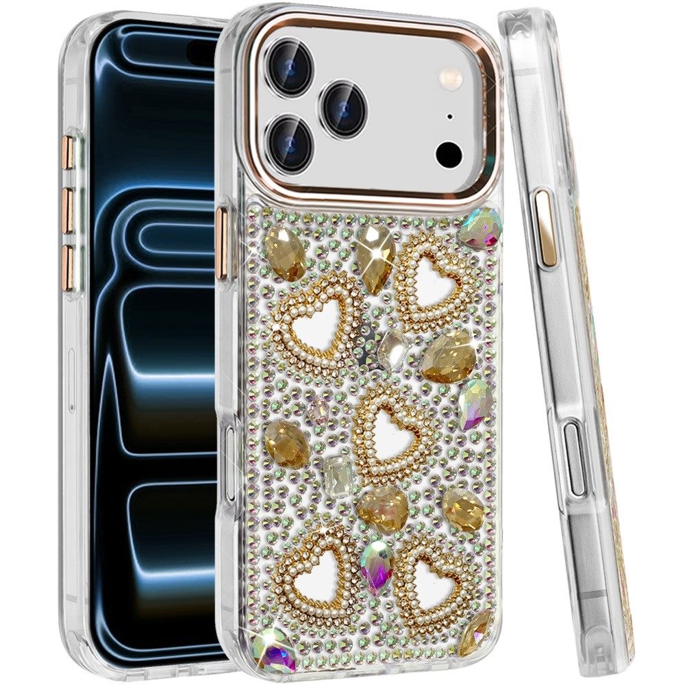 Phone Case for Apple iPhone 18 Pro Max Luxury Crystal Heart Rhinestone Diamond Bling Shockproof Hybrid Glitter Protective Stylish Durable Grip Cover