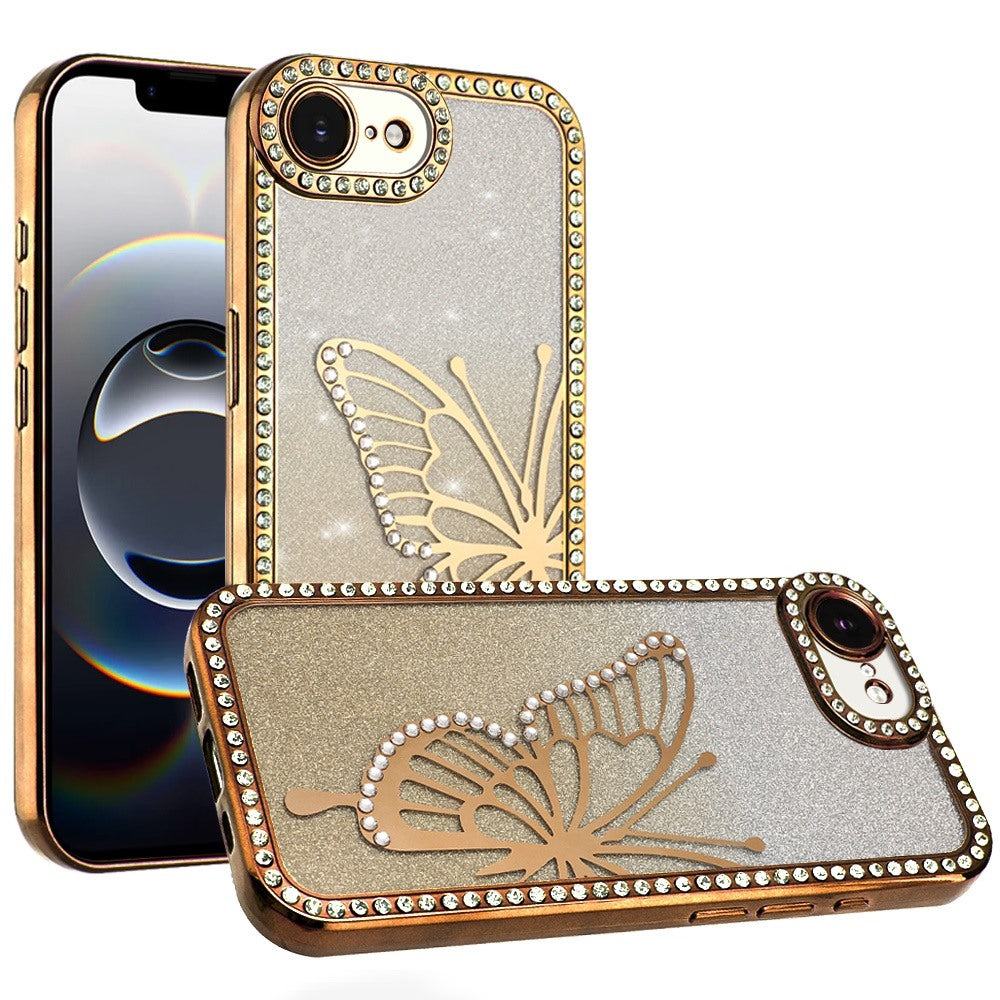For Apple iPhone 16e Butterfly Glitter Diamond Shimmer Hybrid Slim & Stylish Electroplated Sparkly Bling Shockproof TPU Protective Case Cover