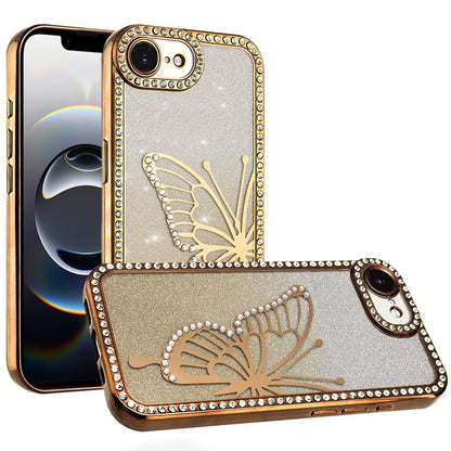 For Apple iPhone 16e Butterfly Glitter Diamond Shimmer Hybrid Slim & Stylish Electroplated Sparkly Bling Shockproof TPU Protective Case Cover