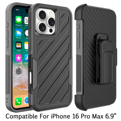 For Apple iPhone 16 Pro Max (6.9") Premium Design Hybrid lined with Belt Clip Holster Shockproof Rugged Textured 2in1 Non Slip Tough Case Cover Gray