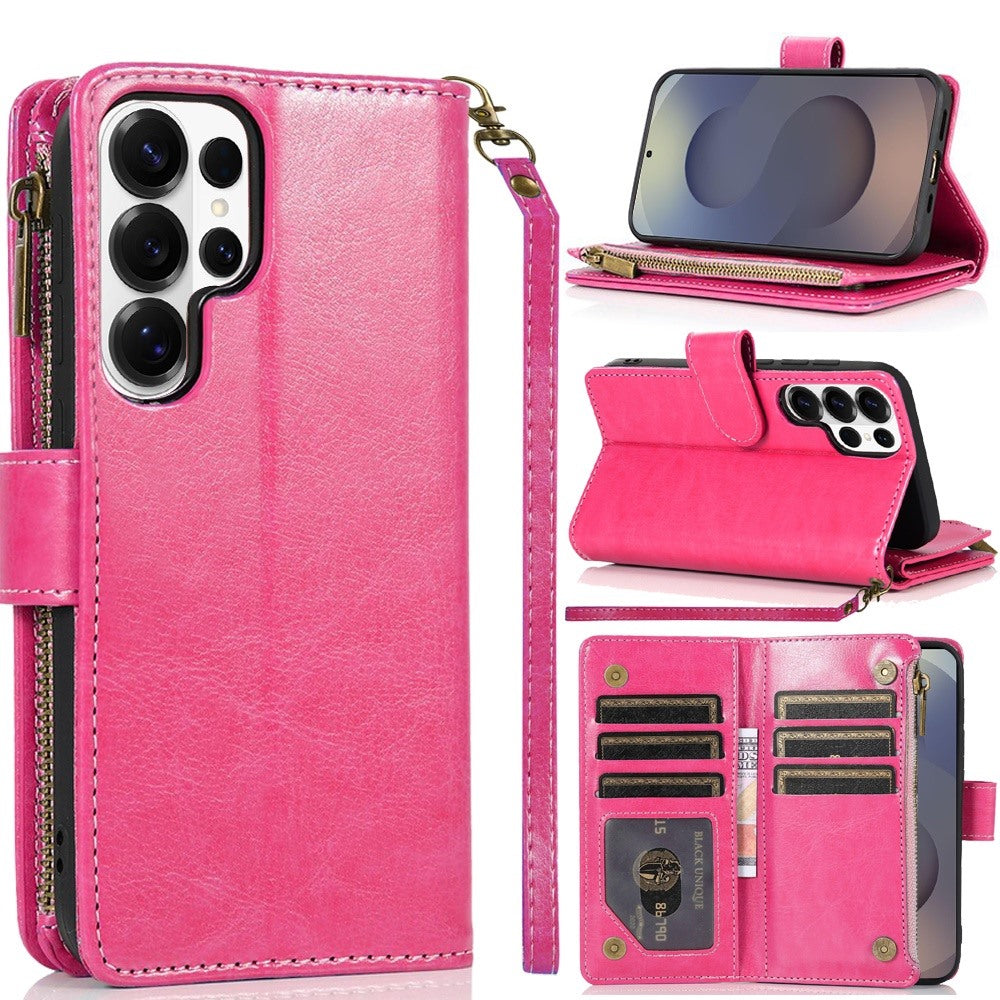 Phone Case for Samsung Galaxy S26 Ultra Luxury Leather Wallet Card Holder Zipper Pocket Money Storage Protective Grip Design with Strap Cover Pink
