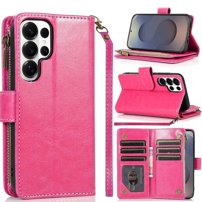 Phone Case for Samsung Galaxy S26 Ultra Luxury Leather Wallet Card Holder Zipper Pocket Money Storage Protective Grip Design with Strap Cover Pink
