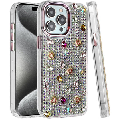 Phone Case for Apple iPhone 15 Pro Max Chrome Fashion Hybrid Bling Diamond Heart Rhinestone Decorative Stones Sparkling Embellished Design Cover