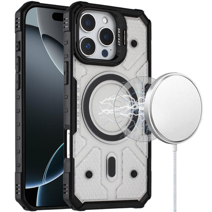 For Apple iPhone 15 Transparent Tough Dotted Magnetic Case with Camera Stand & Hybrid Grip Shockproof Case Cover