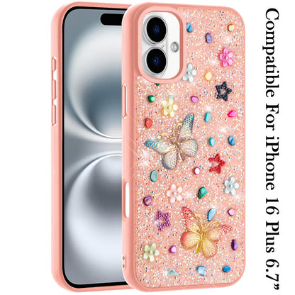Phone Case for Apple iPhone 16 Plus 3D Butterfly Diamond Bling Glitter Shockproof Stylish Protective Luxury Hybrid Sparkly Durable Grip Design Cover