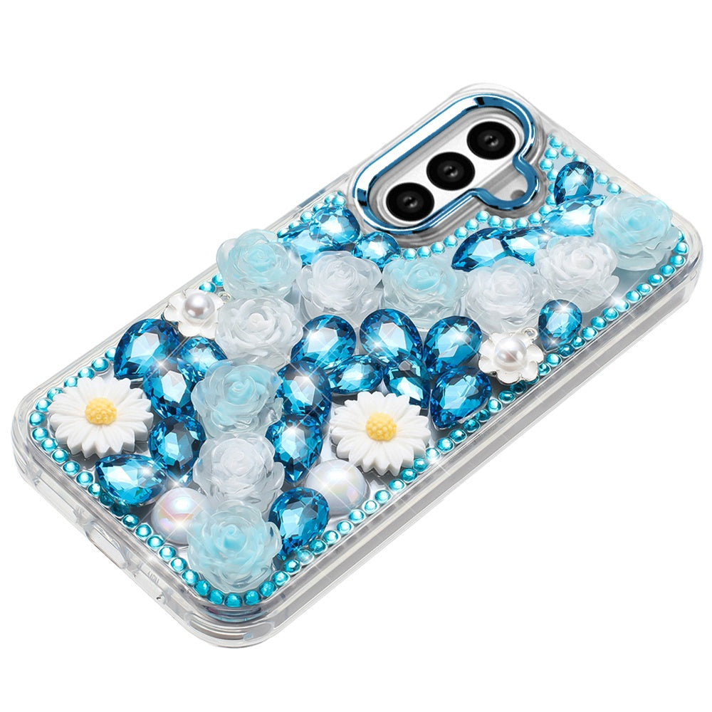 For Samsung Galaxy S26+ / S26 Plus Fashion Daisy Floral Series, Full 3D Bling Crystal Diamonds Sparkling Rhinestone Glitter Hybrid Design Case Cover