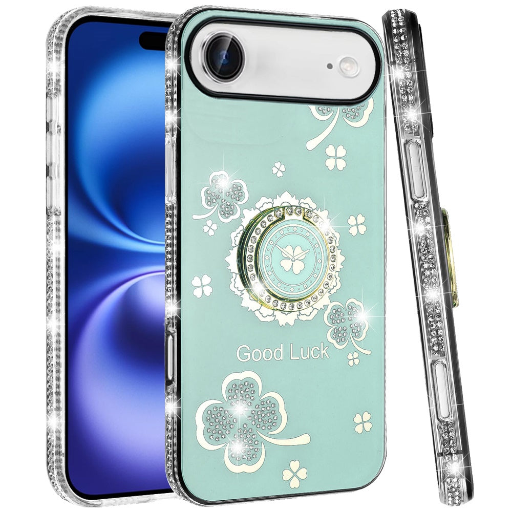 For Apple iPhone 17 Air (6.6") Diamonds Bling All Around Edges Sparkly Glitter Hybrid with Ring Stand Holder Fashion Good Luck Case Cover