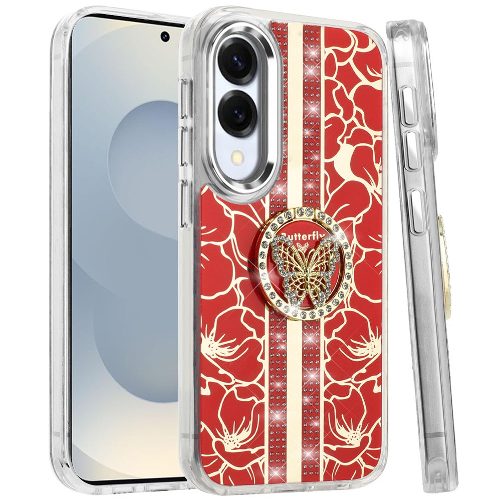 For Samsung Galaxy S25 Edge Diamonds 3D Fashion Bling Sparkly Glitter Ornaments Engraving Hybrid with Ring Stand Case Cover