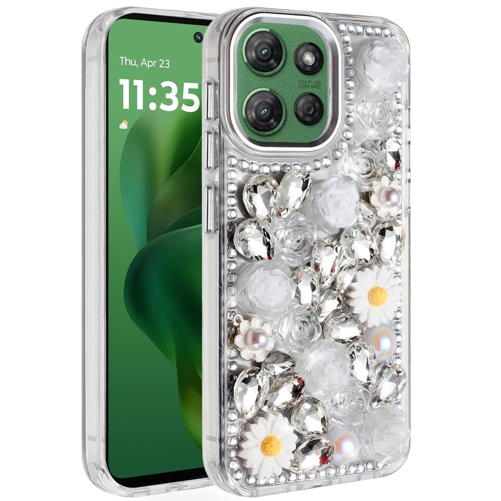 For Motorola Moto G Power 5G 2026 /2025 Fashion Daisy Floral Series, Full 3D Bling Crystal Diamonds Sparkling Rhinestone Glitter Hybrid Design Case Cover White