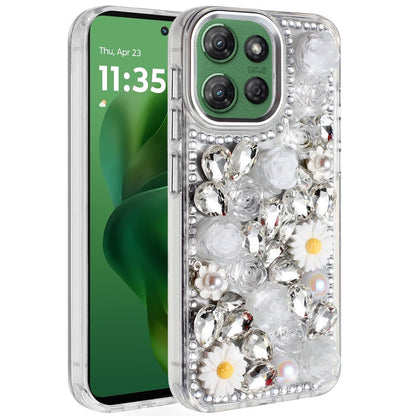 For Motorola Moto G Power 5G 2026 /2025 Fashion Daisy Floral Series, Full 3D Bling Crystal Diamonds Sparkling Rhinestone Glitter Hybrid Design Case Cover White