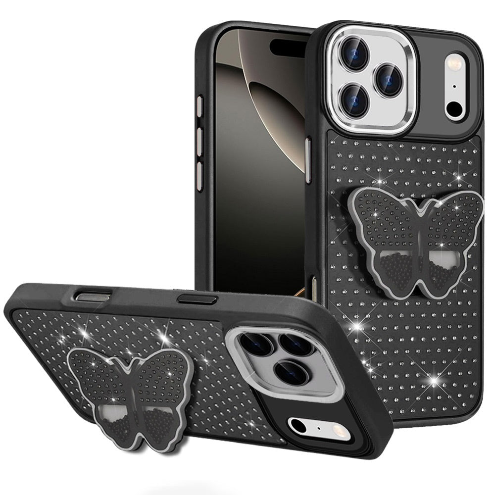 For Apple iPhone 17 Pro (6.3") Butterfly Moveable Grip 3D Pop Stand Full Diamond Bling Sparkling TPU Fashion Hybrid Case Cover
