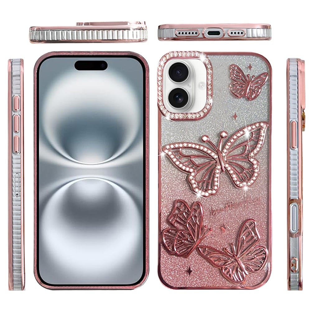 Phone Case for Apple iPhone 16 Plus Butterfly Freedom Shimmer Glitter Thick TPU Shockproof Anti Slip Durable Protective Design Cover Gold