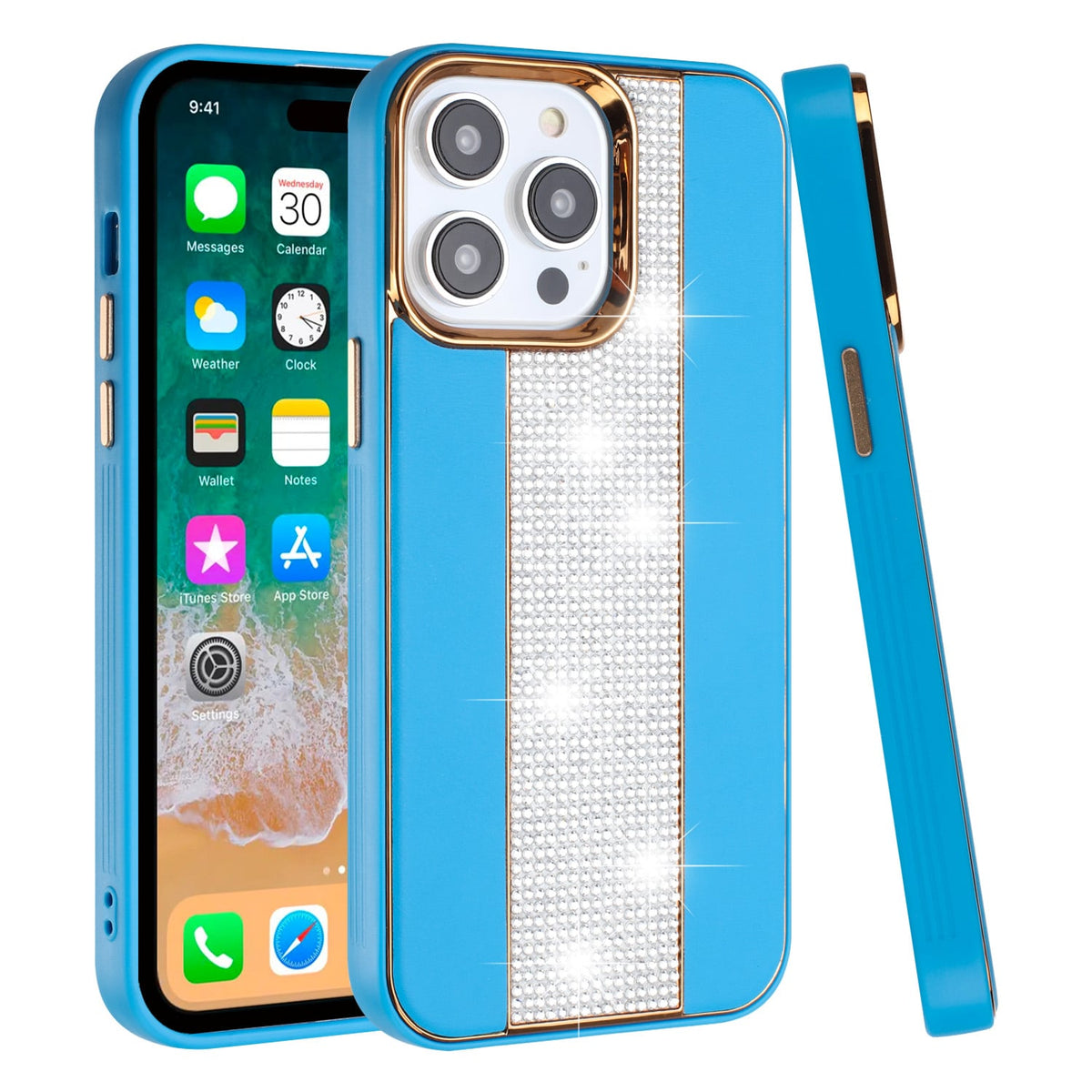 For iPhone 15 Pro (6.1") Flashy Diamond Leather Hybrid Shockproof Protection Chrome Camera Edge Grip Slim Durable Case Cover Dark Purple
