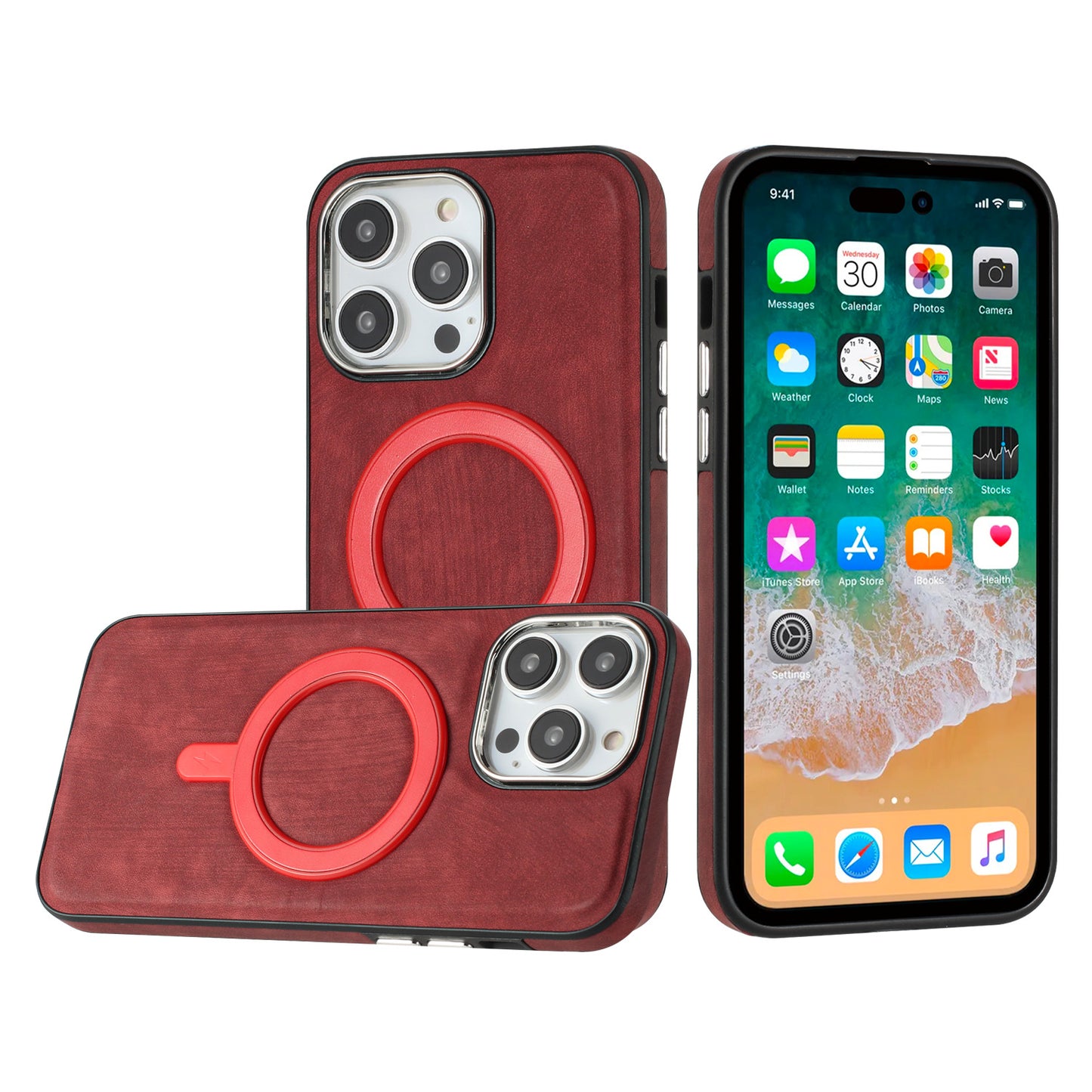 For Apple iPhone 11 Pro Max Fashion PU Vegan Leather Chrome Edge Hybrid, MagSafe Compatible, Durable TPU Hard PC Case Cover Red