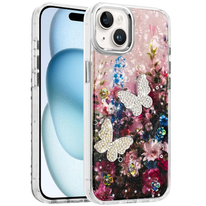 For Apple iPhone 15 Epoxy Glitter Flowers Bling 3D Butterfly Fashion TPU Hybrid with Shockproof Protection Case Cover