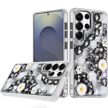 For Samsung Galaxy S25 Ultra Fashion Daisy Floral Series, Full 3D Bling Crystal Diamonds Sparkling Rhinestone Glitter Hybrid Design Case Cover Blue