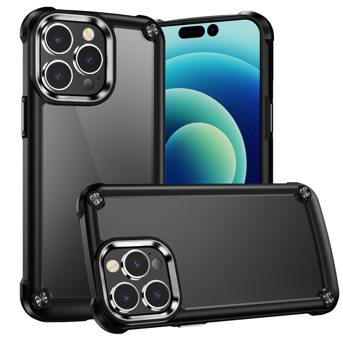 For Apple iPhone 11 Pro Max Hybrid Transparent Rubber with Metal Buttons & Camera Edges Hard TPU Corner Frame Bumper Case Cover Black