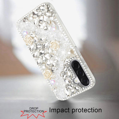 Phone Case for Samsung Galaxy A17 5G Rose Flower Full Diamond Bling Rhinestone Glitter Luxury Stylish Sparkle Protective Designer Hybrid Cover