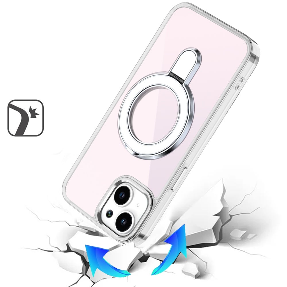 For iPhone 14/13 (6.1") Chrome Hybrid with Rotating Magnetic Circle Ring Stand, Slim Shockproof Hybrid Case Cover Cosmic Orange
