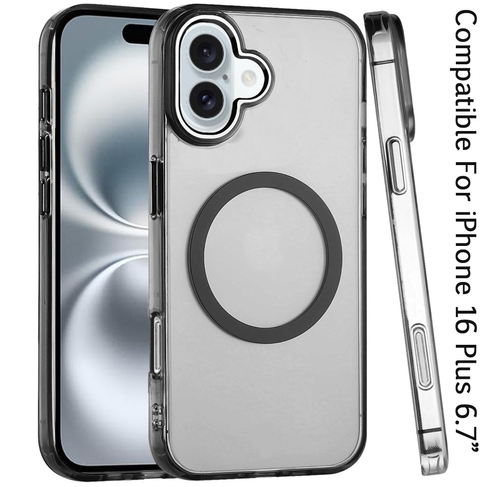 Phone Case for Apple iPhone 16 Plus Magnetic Clear Acrylic Metal Button Camera Guard Shockproof Transparent Slim Grip Premium Hybrid Cover Black