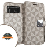 For Apple iPhone 15 Pro Max (6.7") Fabric Wallet Case 6 Credit Card Slots ID Cash Storage Carrying Pouch Folio Flip Stand  Phone Case Cover