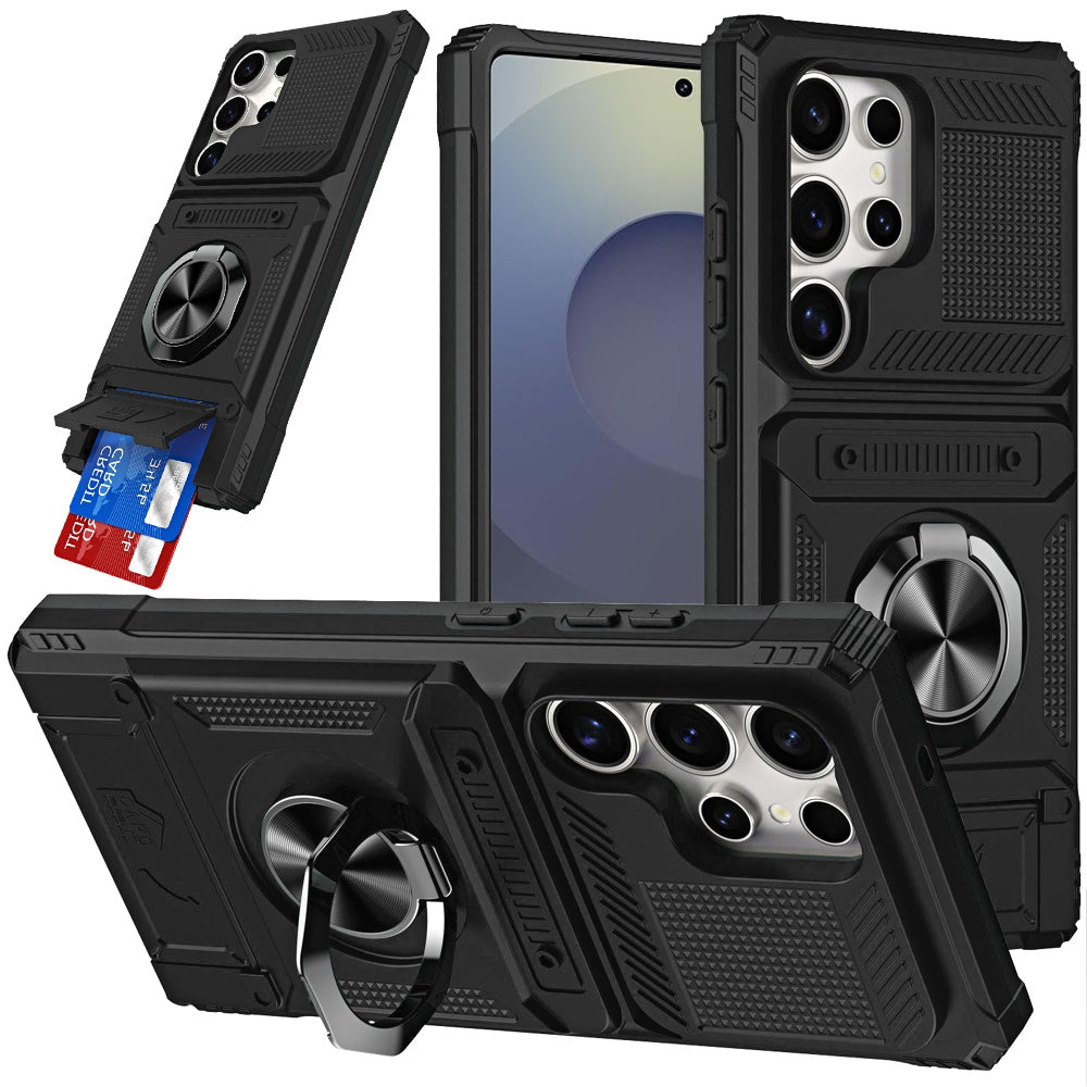 For Apple iPhone 17E /16E 2X Card Slot Metal Ring Stand Hybrid Shockproof Heavy Duty Drop Protection Multi Functional Design Case Cover
