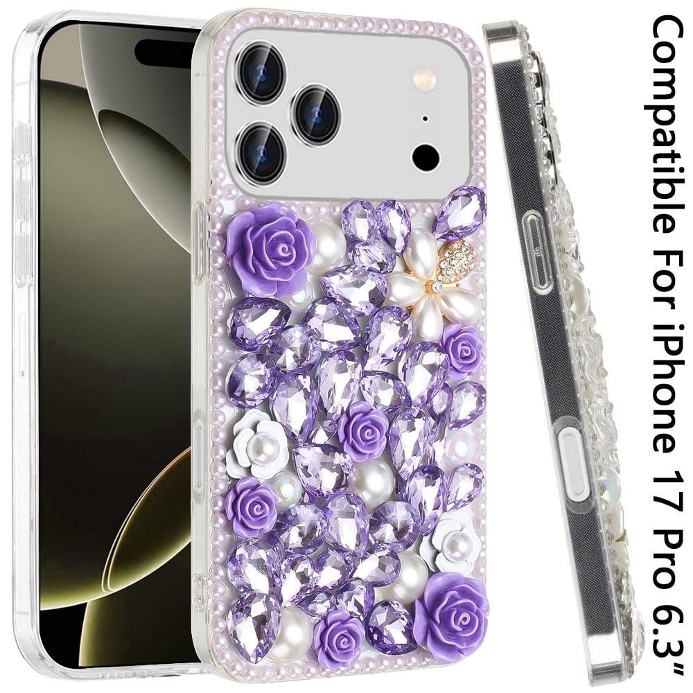 Phone Case for Apple iPhone 17 Pro Rose Flower Full Diamond Bling Rhinestone Glitter Luxury Stylish Sparkle Protective Designer Hybrid Cover