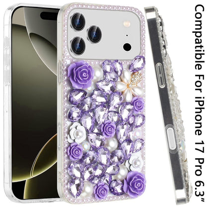 Phone Case for Apple iPhone 17 Pro Rose Flower Full Diamond Bling Rhinestone Glitter Luxury Stylish Sparkle Protective Designer Hybrid Cover