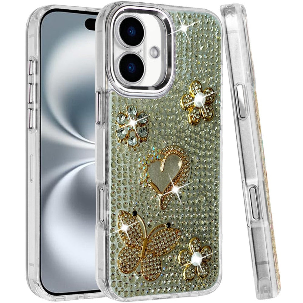 Phone Case for Apple iPhone 16 Luxury Crystal Butterfly Floral Jeweled Heart Full Diamond Design, Sparkling Decorative Details, Elegant Style Cover Silver