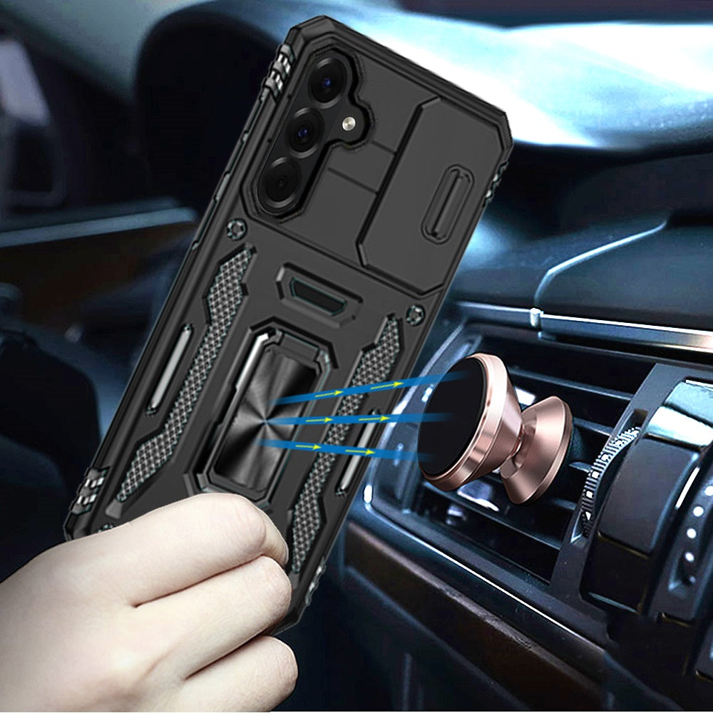 For Samsung Galaxy A37 Tough Hybrid Case with Movable Camera Window & Metal Ring Stand Shockproof Case Cover