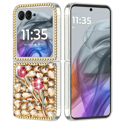 For Motorola Razr 2025 /2024 Bling Crystal 3D Full Diamonds Luxury Sparkle Rhinestone Hybrid Case Cover Gold Exquisite Garden Flower