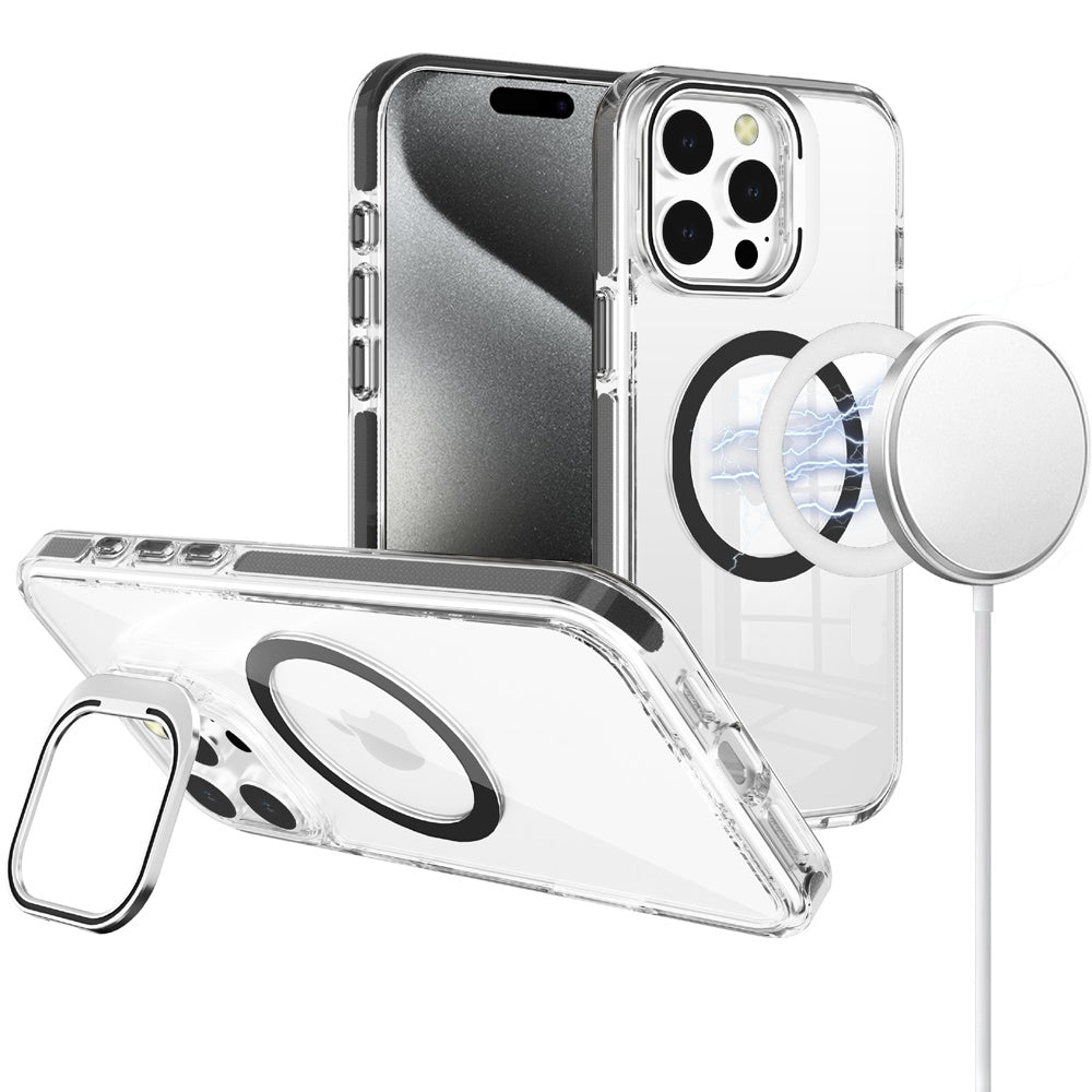 For Apple iPhone 16 Pro Max Built-in Camera Kick-Stand, Compatible with MagSafe, Transparent Colorful Edged Tough Hybrid TPU Case Cover Clear Black