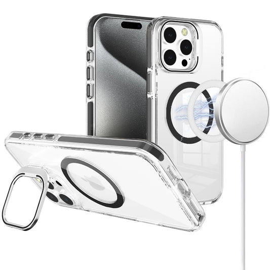For Apple iPhone 16 Pro Max Built-in Camera Kick-Stand, Compatible with MagSafe, Transparent Colorful Edged Tough Hybrid TPU Case Cover Clear Black