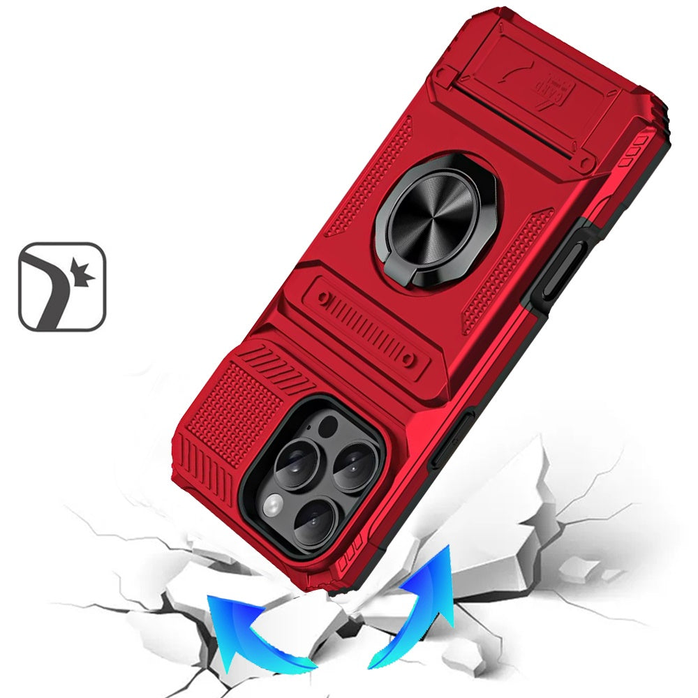 For iPhone 16 Pro Max (6.9") 2X Card Slot Metal Ring Stand Hybrid Shockproof Heavy Duty Drop Protection Multi Functional Design Case Cover Red
