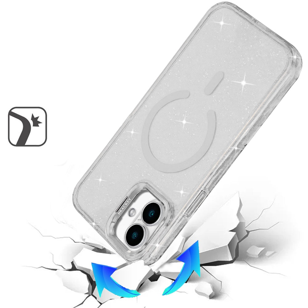 Phone Case for Apple iPhone 16 Bling Sparkle Glitter Design Magnetic back Hybrid with Metal Camera Stand, Decorative Glitter Design TPU Protective Cover Clear