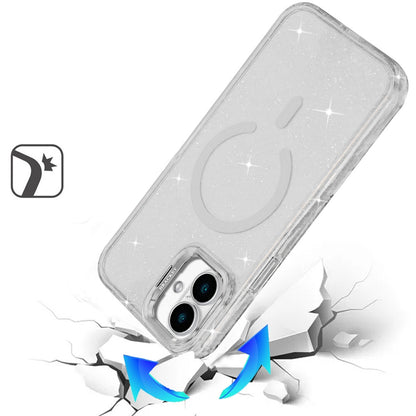 Phone Case for Apple iPhone 16 Bling Sparkle Glitter Design Magnetic back Hybrid with Metal Camera Stand, Decorative Glitter Design TPU Protective Cover Clear