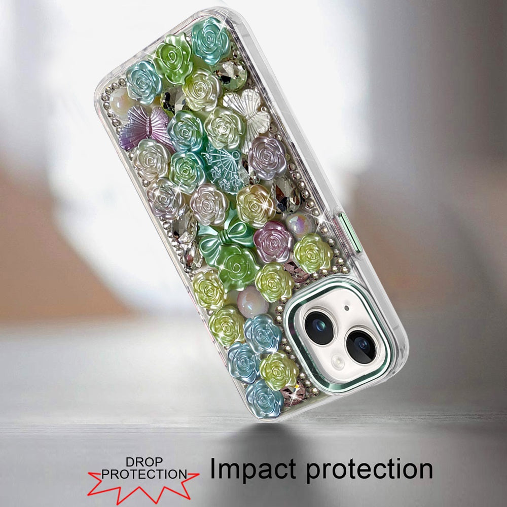 Phone Case for Apple iPhone 14/13 3D Flower Bling Rhinestone Glitter Cute Stylish Shockproof Protective Decorative Luxury Grip Stones Ornaments Cover Green