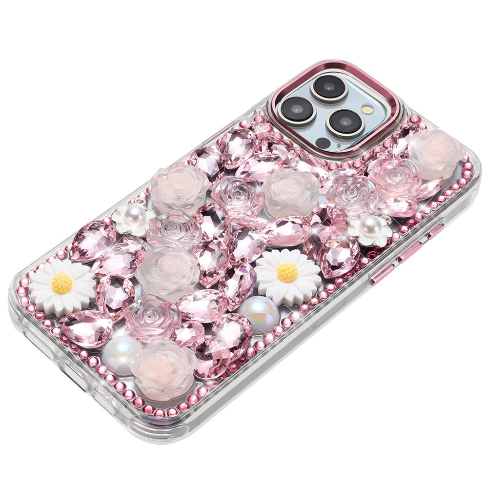 For Apple iPhone 14 /13 Fashion Daisy Floral Series, Full 3D Bling Crystal Diamonds Sparkling Rhinestone Glitter Hybrid Design Case Cover Pink
