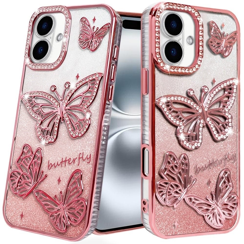 Phone Case for Apple iPhone 16 Plus Butterfly Freedom Shimmer Glitter Thick TPU Shockproof Anti Slip Durable Protective Design Cover Gold