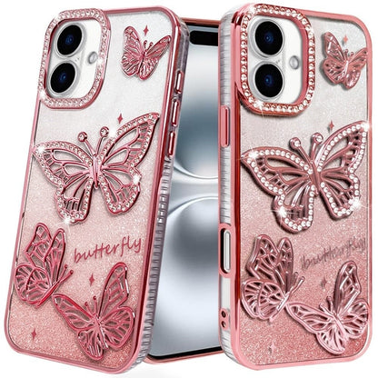 Phone Case for Apple iPhone 16 Plus Butterfly Freedom Shimmer Glitter Thick TPU Shockproof Anti Slip Durable Protective Design Cover Gold