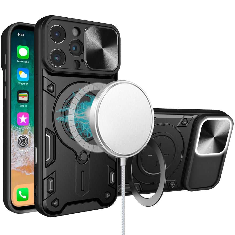 For Apple iPhone 16 Pro Max (6.9") Hybrid Magnetic Circle 360° Ring Kickstand with MagSafe Compatible & Camera lens Protector Case Cover