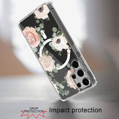 For Samsung Galaxy S25 Ultra Hybrid Flower Design Stylish Fashion Case, MagSafe Compatible, Thick Shockproof Hard PC Case Cover
