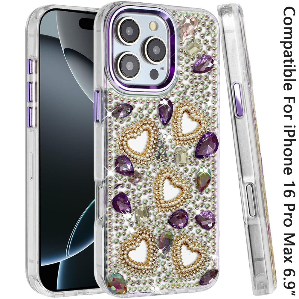 Phone Case for Apple iPhone 16 Pro Max Luxury Crystal Heart Rhinestone Diamond Bling Shockproof Hybrid Glitter Protective Stylish Durable Grip Cover Dark Purple