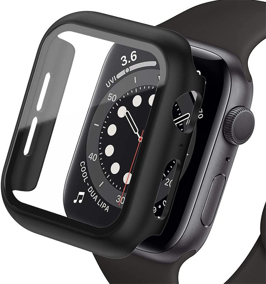 For Apple Watch Size 45mm Hard PC Electroplate Frame Face Full Coverage Protective with Tempered Glass Screen Protector Case Cover