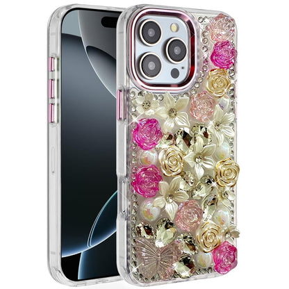 Phone Case for Apple iPhone 16 Pro Luxury Rose Bling Rhinestone Glitter Floral Hybrid Shockproof Stylish Protective Designer Ornament Sparkle Cover Pink