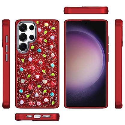 For Apple iPhone 15 Floral Design Embedded Glass Diamond Fancy Fashion Glitter Bling Sparkly Hybrid Rugged TPU Bumper Case Cover Red